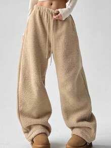 女士宽松毛绒羊毛裤，适合圣诞节、秋冬季穿着，薄款羊毛时尚百搭休闲运动裤，Y2K 街头风格，松紧腰身，卷边下摆 - 卡其色 - 查看 5