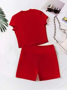 Set da donna casual a 2 pezzi, composto da maglia a girocollo a maniche corte e pantaloni con vita elastica - Rosso - Visualizzare 2