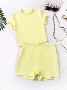 Women 2pcs/Set Round Neck Short Sleeve Elastic Waist Long Pants Casual Set - Yellow - View 1