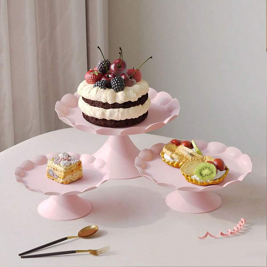 3Pcs Elegant Cake Stand Set - Wavy Edge Metal Cupcake Stands - Elegant Dessert Display, For For Wedding, Birthday Party Decor, Gold/White/Pink/Black - Hồng - Xem 1