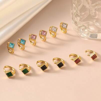 1 Pair Stainless Steel Hoop Earrings, Clover, Square Hollow, Water Drop Shapes With Multicolor Zirconia Stones, Elegant & Fashionable, Suitable For Daily Wear, Festivals, Gifts For Girlfriend