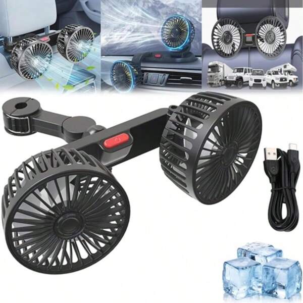 1 pièce Ventilateur de voiture, climatiseur de voiture petit, ventilateur arrière à double tête, vent puissant, 5 pales, rotation à 360 degrés, volume de vent extrêmement élevé