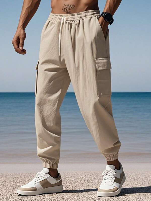 Pantalon décontracté multi-poches pour hommes, pantalon droit avec cordon de serrage à la taille