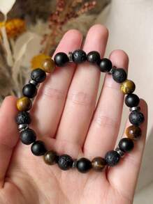 Men's Tiger Eye & Volcanic Stone Bracelet - Protection, Fashionable, And Lucky Charm For Wealth, Health, And Anxiety Relief Meditation Jewelry Unisex - Perfect Gift