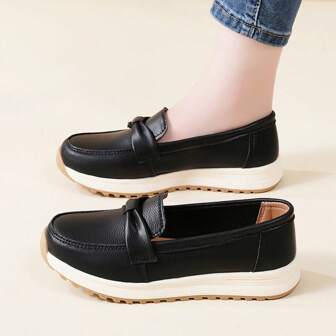 Zapatos casuales de cuero de PU para mujer, de suela gruesa con lazo, de fondo suave, talla grande, para primavera/otoño