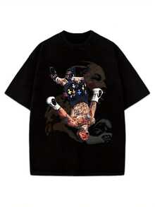 1pc Camiseta con Estampado Gráfico de Boxeador, 100% Algodón Cuello Redondo, Top Casual de Manga Corta con Ligera Elasticidad, Tejido de Punto para Todas las Estaciones, Ajuste Regular para Adultos, Negra con Diseño de Boxeo Vibrante - Negro - Ver 1