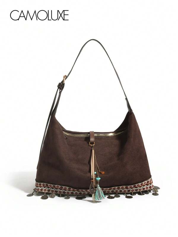 Fashionable Bohemian Tassel Decorated Tote Bag, Vintage Felt Crossbody Bag For Women, Large Capacity Commuter Bag, Artistic Versatile Shoulder Bag, Autumn/Winter New Handbag, Brown Classic, Suitable For Daily Shopping, Gathering, Gift For Girlfriend And Best Friend