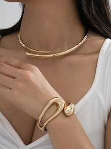 1 Set Elegant High-End Geometric Shape Alloy Bracelet, Ring, Necklace, Earrings Jewelry Set For Women, Suitable For Parties, Galas, And Dates, An Elegant Gift For Girlfriend - Gold - View 22