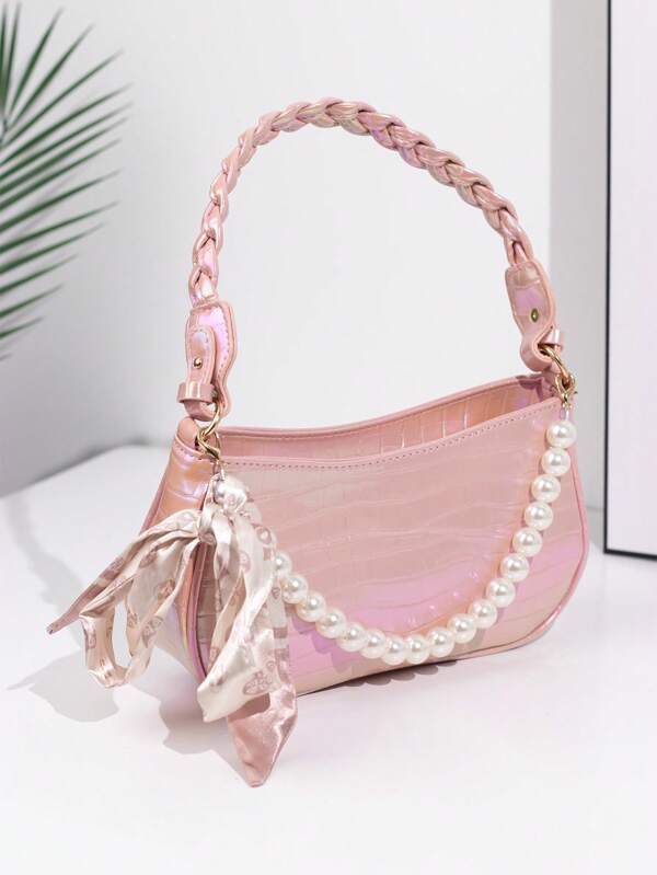 Rixi 1pc Laser Pink Pearl Bow Underarm Bag Colorful Bag Evening Bag Women Pleated Underarm Bag, Fashion Cloud Design Pearl Chain Handbag Shoulder Crossbody Bag For Female Students, College Students, Office Workers, Business, Commuter, Outdoor, Travel, Fashion, Punk And Street Style
