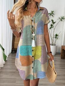 Geometric Print Collared Button Front Knee-Length Bodycon Dress - Multicolor - View 3