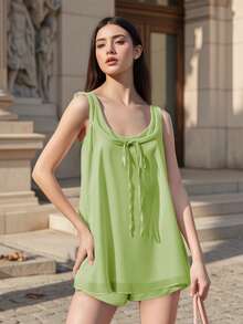 Women's Summer Shorts Outfit Loose Fit Stylish Solid U Neck Long Tank Tops And Low Rise Shorts 2 Pcs Set - Green - View 4