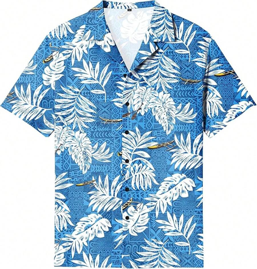 Men's Hawaiian Shirt Cool Summer Hawaii Tshirts Beach Tropic Print V Neck Button Up Tops Floral Short Sleeve Topshalloween - 藍色 - 查看 1