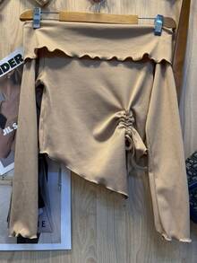 Women's Off-The-Shoulder Long-Sleeved Blouse With Gathered Edges, One Size Fits All - 米色 - 查看 2