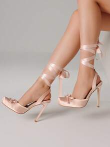 Ballet High Heels For Women Square Toe Satin Mary Janes Lace Up Heels Elegant Ballerina Stiletto Heels With Bow Party Dancing Shoes For Women - khỏa thân - Xem 4