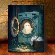 Washing Machine Halloween Decorations - Vintage Wood Frame Canvas Poster, Hangable Horror Home Decor For Living Room, Kitchen - Reusable Halloween, Christmas, Mother's Day Gift, Halloween Home Decor, Seasonal Artwork, Whimsical Artwork, Hangable Artwork, 2D Flat Print Poster, Frameless Painting