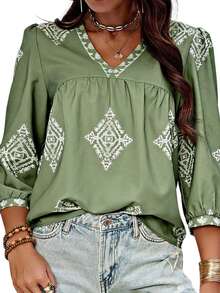 Women's Casual V Neck Geometric Print Chiffon Blouses 3/4 Sleeve Vintage Summer Tops Shirts - 綠色 - 查看 6