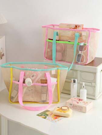 Candy Color Mesh Tote Beach Bag, Travel Tote Bag, Large Capacity Mesh Hollow Out Handbag, Suitable For Outdoor Travel And Vacation