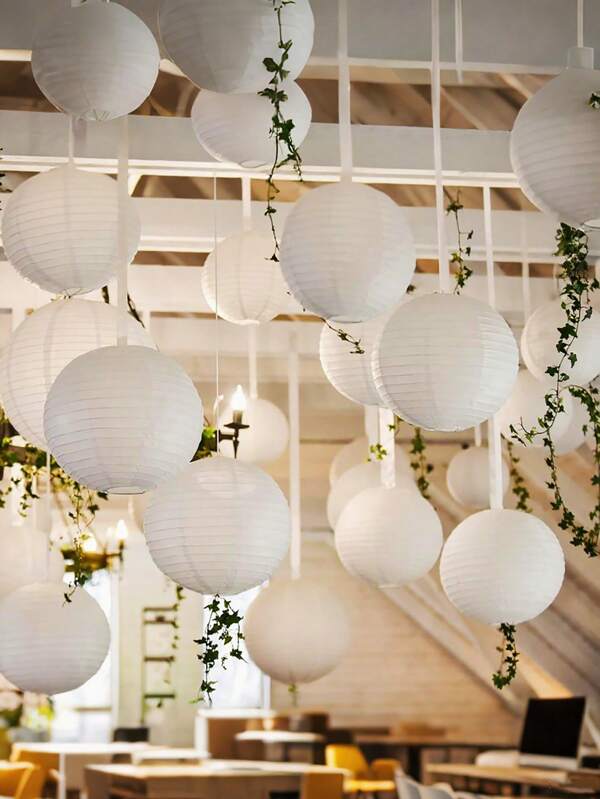 2pcs White Round Paper Lanterns Set For Wedding Party Christmas Festival Anniversary Decoration, DIY Painting Props Lamp Cover