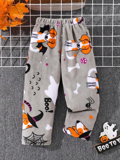 Pantalones de franela con estampado de perro, informales, de forro polar, adecuados para primavera, otoño e invierno, para niños pequeños