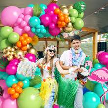 125件套火烈鸟热带夏威夷气球拱门套装，橄榄绿、蜜桃橙、金色夏威夷气球，适合儿童夏季海滩、阿罗哈泳池生日派对、婴儿派对装饰 - 彩色 - 查看 4