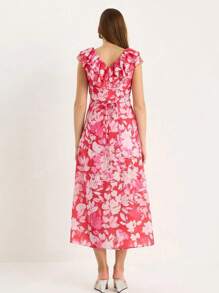BIANCO LUCCI Zomer Boho Allover Bloemenprint V-hals Ruffle Trim Split Dij Jurk