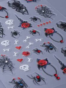 2片哥特风美甲贴纸，黑色蜘蛛玫瑰图案，镶嵌白色和红色水晶，5D立体浮雕美甲贴花，自粘式万圣节骷髅滑扣美甲装饰，适合节日DIY设计 - 彩色 - 查看 5