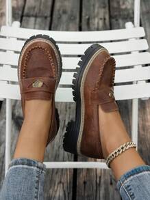 Women's Retro British Style Brown Penny Loafers, Thick Sole Slip-On Flats, Casual Oxfords Suitable For Office, Campus, And Formal Occasions, Fashion Classic Lace-Up Shoes For Spring/Autumn