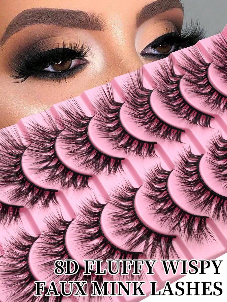 Brand New L-Shaped Curl 10 Pairs Manga Natural Thin False Eyelashes - Black Stem Faux Mink Eyelashes Cat Eye Shape, Natural Look, Suitable For Daily Makeup - Reusable, Comfortable, Suitable For Beginners - 交叉款 - 查看 1