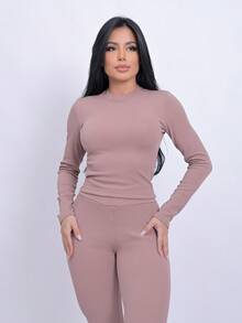 Leggings And Long Sleeve Top Set - 藕粉色 - 查看 4