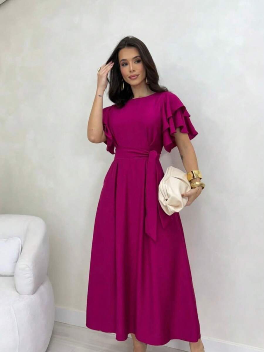 LONG DRESS WITH PUFFED SLEEVES, PRINCESS RUFFLE, LAYERS, BELT, PARTY, EVANGELICAL FASHION SKIRT - 淡紫色 - 查看 1