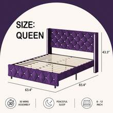 Twin/ Full/ Queen/ King Size Bed Frame, Upholstered Bed Frame With Diamond Headboard And Footboard, No Box Spring Needed With Wood Slat Support, Easy Assembly, Twin Bed Frame/  Full Bed Frame/ King Bed Frame, Black/ Pink/ White/ Purple/ Blue/ Green - 紫色 - 查看 9