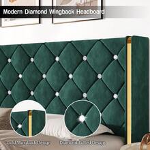 Twin/ Full/ Queen/ King Size Bed Frame, Upholstered Bed Frame With Diamond Headboard And Footboard, No Box Spring Needed With Wood Slat Support, Easy Assembly, Twin Bed Frame/  Full Bed Frame/ King Bed Frame, Black/ Pink/ White/ Purple/ Blue/ Green - 綠色 - 查看 2