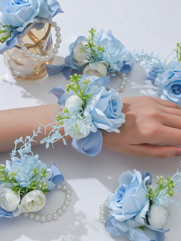 6pcs Set Pale Blue Anemone Flower & Blue Hydrangea Faux Plant Romantic Wrist Corsage Suitable For Groom, Bride, Bridesmaid, Father, Mother For Wedding, Engagement, Ceremony, Party, Ball