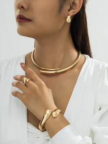 1 Set Elegant High-End Geometric Shape Alloy Bracelet, Ring, Necklace, Earrings Jewelry Set For Women, Suitable For Parties, Galas, And Dates, An Elegant Gift For Girlfriend - Gold - View 23