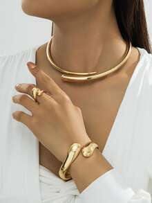 1 Set Elegant High-End Geometric Shape Alloy Bracelet, Ring, Necklace, Earrings Jewelry Set For Women, Suitable For Parties, Galas, And Dates, An Elegant Gift For Girlfriend - Gold - View 24