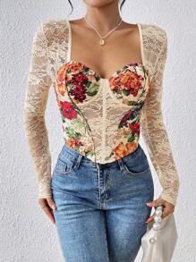 EZNV 1pc White Apricot Long Sleeve Lace Floral Belted Blouse | Square Neck Slimming Retro Painting Style Sexy Lady Top - Apricot - View 1