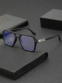 1 Pair Men's Square Frame Double Bridge Stylish Retro Fashion Personalized Flat Glasses, Suitable For Computer Office, Decoration, Daily Outfit