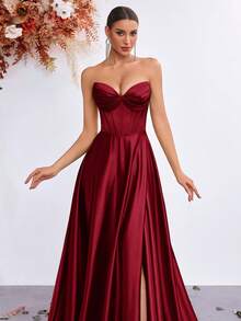 ADYCE Robe maxi élégante sans bretelles à encolure en V, taille haute, fendue dans le dos avec nœud, convient pour les bals, le Nouvel An et autres occasions