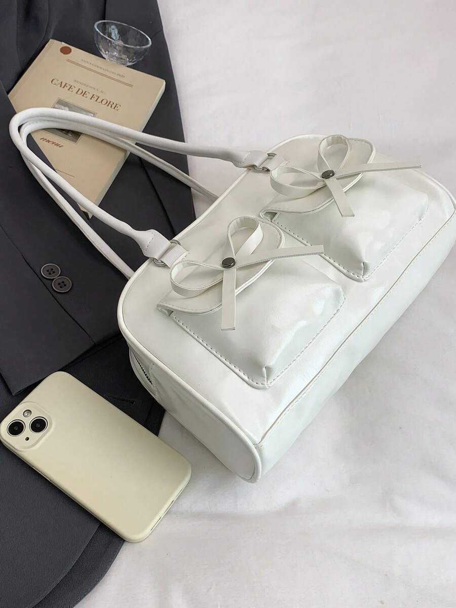 1个简约复古拉链手提包，带口袋，双提手，适合女士休闲和通勤日常使用 - 白色 - 查看 1