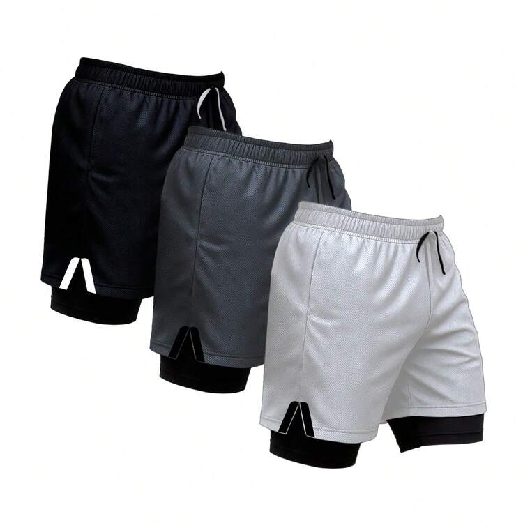 Kit 3 Shorts Treino Dry Fit Térmico 2 em 1 com Bolso para Celular e Porta-Toalha - Chumbo - Visão 1