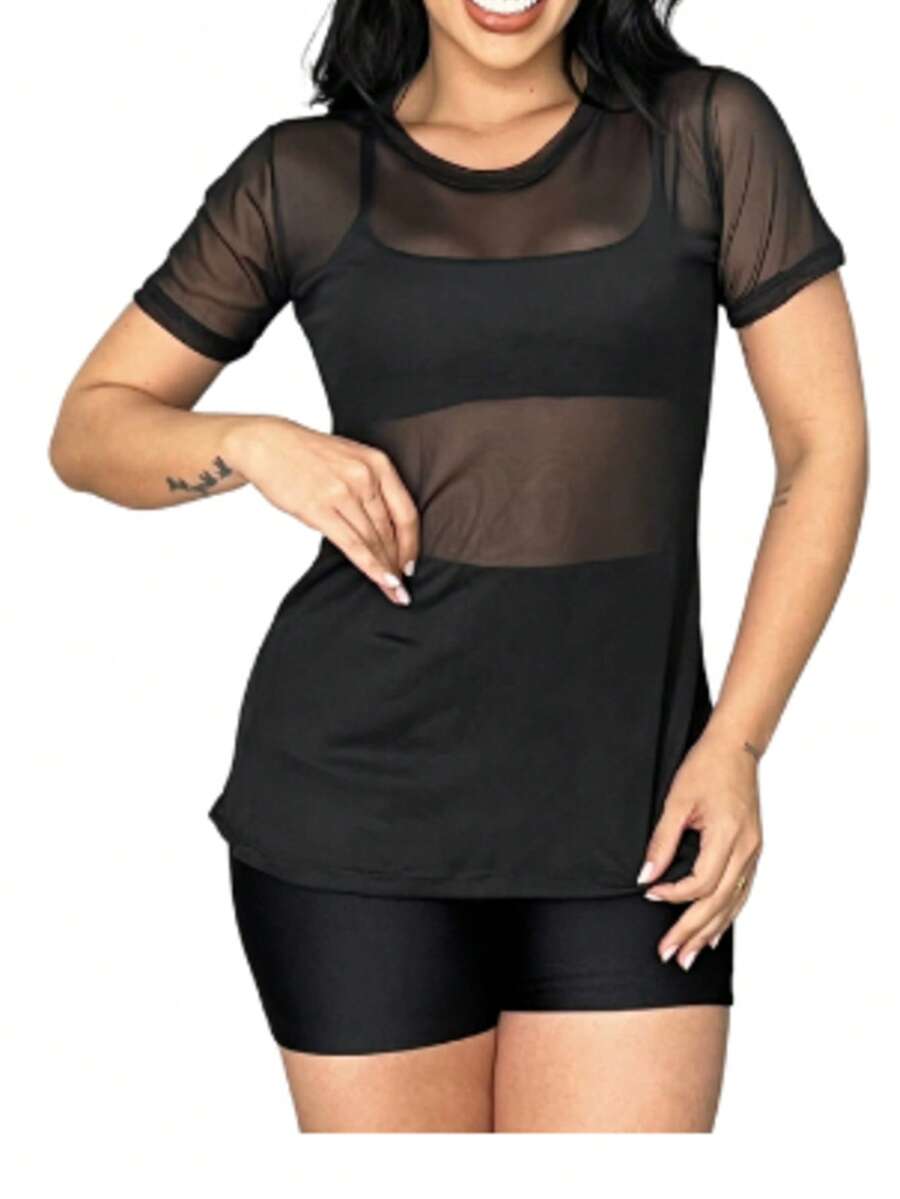 Blusa Feminina Transparente de Tule Manga Curta Camiseta Academia Treino - Preto - Visão 1