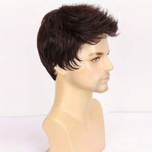 Peruka męska Basic Brown z prostymi włosami, włókno wysokotemperaturowe, czepek z siateczki w kolorze róży, gęstość 130%, rozmiar uniwersalny - Kawowy brązowy - Zobacz 4