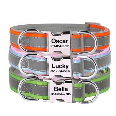 Nylon Super Reflective Personalized Dog Collar, Comfortable Lining, Minimalist Custom Pet Collar, Anti-Lost Adjustable ID Tag
