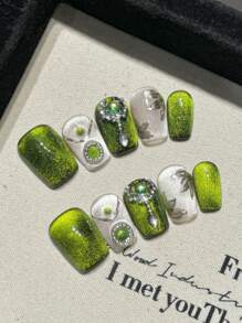 10Pcs Short Coffin Handmade Press On Nails For Party And Daily Wear,Green Nails,Pink. Short Nails,Shiny And Dazzling, Easy To Wear10Pcs Y2K Handmade Press On Nails,Shining Bright , Summer Nails,Suitable For Girls And Women Festivals Parties And Daily Wear Nail Supplies Nails