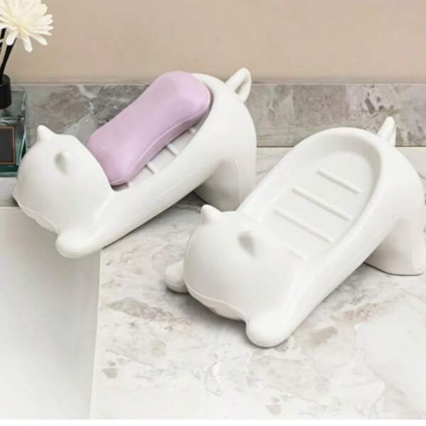 1pc Cute Cartoon Cat Soap Dish - Decorative Plastic Soap Holder With Drainage Hole, Glossy White Rose Color Finish, Playful Bathroom Soap And Towel Storage Cabinet, Decorative Soap Box Charming Bathroom Accessory Glossy Plastic Structure, Soap Block Holder Back To School