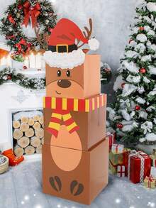 3个装圣诞麋鹿礼盒，带盖，可叠放，圣诞前夜装饰嵌套盒，圣诞节可叠放礼品收纳盒，派对装饰，2025年圣诞装饰品，圣诞礼物，圣诞快乐，圣诞装饰，2026年新年礼物，圣诞装饰，派对小礼物
