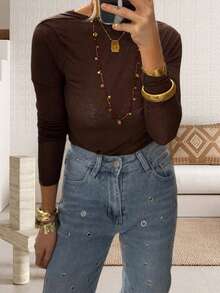 Women's Backless Tops Stylish Solid Boat Neck Long Sleeve Blouse For All Seasons - Dark Brown - View 2