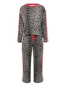 HUTENER 2 pièces Ensemble casual - Top à col rond manches longues + Pantalon en patchwork imprimé léopard - Tenue pour femmes en automne - Rouge - Voir 1