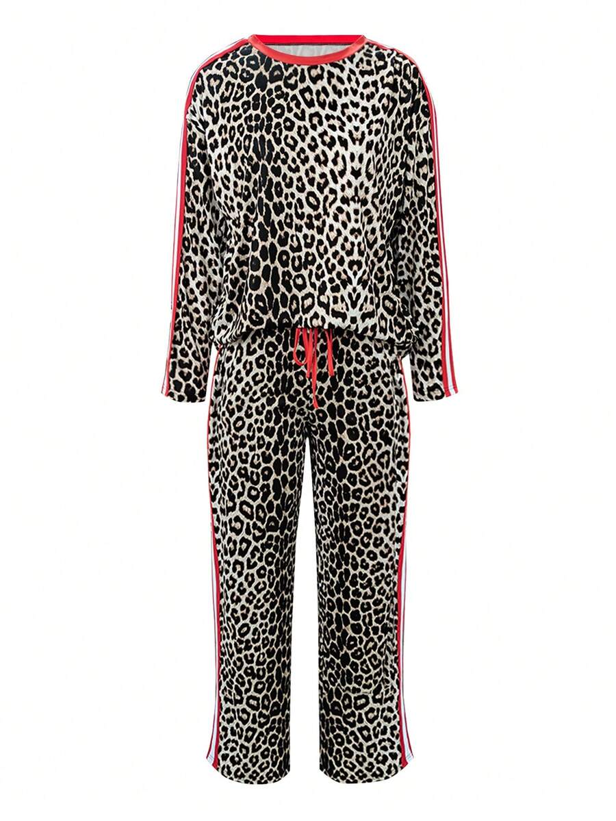 HUTENER 2 pièces Ensemble casual - Top à col rond manches longues + Pantalon en patchwork imprimé léopard - Tenue pour femmes en automne - Rouge - Voir 1