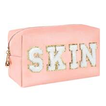 学院风化妆包女士旅行洗漱包雪尼尔字母化妆包 PU 皮革防水袋可爱拉链收纳包、皮肤、头发和面部旅行必备包，适合学校假期返校用品女士旅行包 - 彩色 - 查看 15